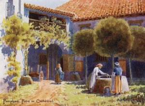 Norte de España: Pamplona, Un patio cerca de la Catedral (litografía en color)