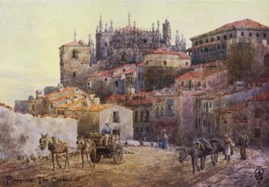 Norte de España: Plasencia, Las Murallas y la Catedral (litografía en color)