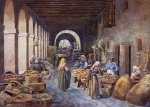 Norte de España: Salamanca, Arcadas de la Plaza de la Verdura (litografía en color) de Edgar T. A. Wigram