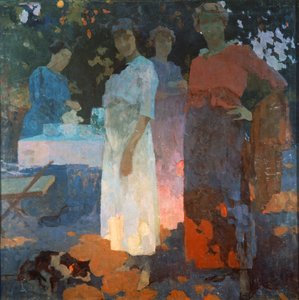 Desayuno en el jardín, de Edgardo Curcio (1881-1923), óleo sobre lienzo, 82x82 cm. Italia, siglo XX. de Edgardo Curcio
