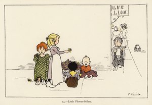 Pequeñas vendedoras de flores (litografía en color) de Edith Farmiloe