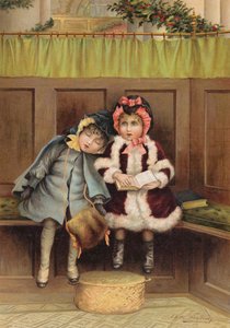 dos niñas, en, iglesia, en, navidad, mañana, (chromolitho),