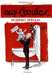 Portada del periódico francés Aux Ecoutes con un bebé que representa el presupuesto de 1929 que va a estar en la cuna (república francesa) de Edmond (1861 1943) Tapissier