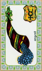 tarot del mago Belline dibujado por Edmond Billaudot c. 1845 y entregado al clarividente Belline para su reedición: carta del dinero: monedas en un cuerno de la abundancia