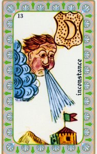 tarot del mago Belline dibujado por Edmond Billaudot c. 1845 y entregado al clarividente Belline para su reedición: carta de la inconstancia: sopla el viento de Edmond Billaudot