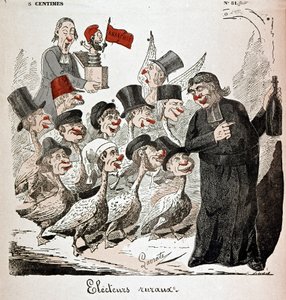 Votantes rurales: votantes representados como gansos y atraídos por un sacerdote con alcohol - dibujo de Lavrate de Edmond Lavrate