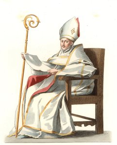 Obispo español del siglo XVI, basado en una pintura de Bartolome Murillo (1617-1682) - Litografía basada en una ilustración de Edmond Lechevallier-Chevignard (1825-1902), de 