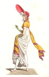 Joven mujer francesa vestida a la moda de los Maravillosos del siglo XVIII, de una ilustración de Edmond Lechevallier-Chevignard, de 
