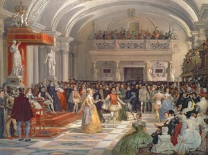 La boda de Enrique de Borbón, Rey de Navarra, con Margarita de Valois en presencia de Catalina de Médici y Carlos IX en 1572, 1862 de Edmond Lechevallier Chevignard