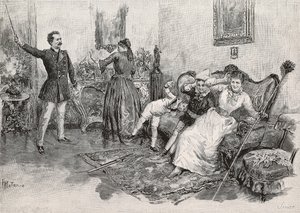 Dos mujeres y dos niños asustados por un hombre intimidante, grabado de la ilustración de Edoardo Matania para el libro Military Life in Italy de Edmondo De Amicis (1846-1908), de L