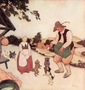 "Y cuando vio a Carolina la Blanca, empezó a tocar en su órgano los aires más hermosos que se podían oír, y los tres perritos empezaron a bailar juntos", ilustración del cuento flamenco Carolina la Blanca y Carolina la Negra, de E de Edmund Dulac