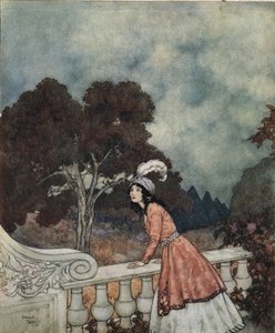 Barba azul La joven esposa de Barba Azul, Fátima, pregunta a su hermana Ana si ve a sus hermanos desde la torre, c.1910 (litografía) de Edmund Dulac