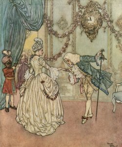 Cenicienta: La joven Cenicienta acude al baile gracias a su madrina fee conoce al príncipe que le besa la mano c.1910 (litografía)