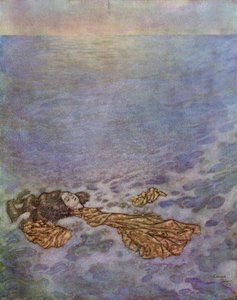 Una vez más miró al príncipe, con los ojos ya oscurecidos por la muerte, luego se precipitó por la borda y cayó, su cuerpo disolviéndose en espuma, iIlustración de "La Sirena". de Edmund Dulac