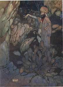 Ábrete Sésamo, ilustración de "Alí Babá y los cuarenta ladrones" (litografía en color) de Edmund Dulac