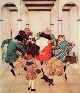 "El fraile, atado firmemente al poste, se retorcía y retorcía, mostrando claramente que lo pisaría si pudiera", ilustración del cuento inglés The Friar and the Boy, de Edmund Dulac