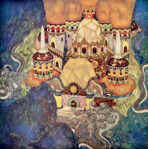 "El palacio del Rey Dragón", ilustración del cuento serbio La historia de Bashtchelik, del Fairy-Book de Edmund Dulac: Fairy Tales of the Allied Nations, pub.1916 (acuarela sobre papel) de Edmund Dulac