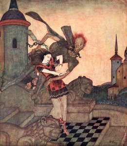 "El Príncipe, mirando hacia fuera, lo vio arrebatar a la Princesa y alejarse rápidamente", ilustración del cuento serbio La historia de Bashtchelik, del Fairy-Book de Edmund Dulac: Cuentos de las naciones aliadas, Edmund Dulac, 1916. de Edmund Dulac