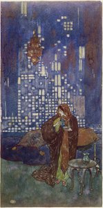 "La copa de vino que ella le da cada noche contiene una bebida para dormir", ilustración de "El Rey de las Islas de Ébano". de Edmund Dulac