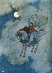 El caballo volador", ilustración para el cuento del caballo encantado de los "Cuentos de las 1001 noches", publicado en Potsdam en 1920 (litografía en color). de Edmund Dulac