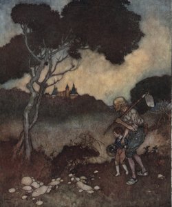 La bella durmiente: las torres del castillo de la princesa aparecen por encima de los árboles. de Edmund Dulac