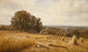Un paisaje extenso con cosechadores, 1873 de Edmund George Warren