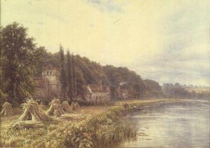 Pueblo ribereño con figuras pescando de Edmund George Warren