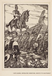 Guirnalda del Kaiser: "Ave Kaiser, Imperator Moriture, Mortui Te Salutamus" (litografía). de Edmund Joseph (after) Sullivan