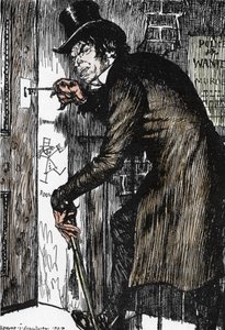 Mr Hyde vuelve a casa tras una noche de aventuras para tomar el antídoto y retomar la apariencia del Dr Jekyll, Ilustración de Edmund Joseph Sullivan (1869-1933) para la novela L