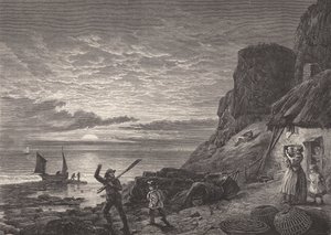Pescadores padre e hijo despidiéndose de su familia (grabado) de Edmund Morison (after) Wimperis
