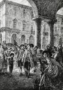 Reunión bajo los soportales de Turín, ilustración para La tormenta, Satet, Turín de Edoardo Calandra