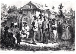 Nativos de Cayena, después de acuarelas de M. Bouyer, grabado por Antoine Valery Bertrand (n.1823) de Edouard (after) Riou