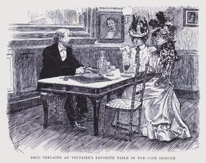París bohemio: Paul Verlaine en la mesa favorita de Voltaire en el Café Procope (litografía)