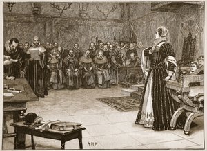 Juicio de María Reina de Escocia en el Castillo de Fotheringhay, ilustración de 