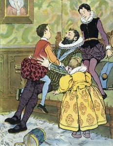 Rey de Francia Enrique IV jugando con sus hijos (1553-1610) Ilustración de Edouard Zier en "Nos-Gloriers-Nationales" 1920 Collection privee de Edouard Francois Zier