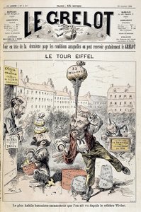 Caricatura sobre escándalos financieros “La Torre Eiffel: el bastonista más hábil - retractador visto desde el famoso Vivier”. Portada “Le Grelot” del 22 de enero de Edouard Guillaumin Pepin
