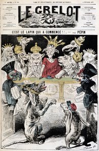 ¡El conejo ha comenzado! - Caricatura sobre el conflicto franco-alemán, un perro con casco prusiano denuncia a un conejo con gorra del ejército francés, ante un tribunal presidido por Europa y contiene aves de presa y coronas - Ilustración de Edouard Pepin