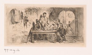 Tres soldados en una mesa en un patio, uno de ellos lee en un libro de Edouard Hamman