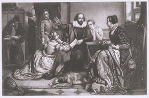 Shakespeare con su familia, en Stratford, recitando la tragedia Hamlet de Edouard Jean Conrad Hamman