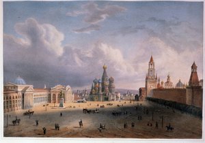 Vista de la Plaza Roja de Moscú (Rusia). Obra de Edouard Jean Marie Hostein (1804-1889), litografía coloreada con acuarela, alrededor de 1830, arte francés del siglo XIX. Museo Conmemorativo A. Pushkin, San Petersburgo. de Edouard Jean Marie Hostein