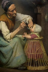 Una anciana alimenta a su nieta sostenida en un andador de mimbre, por Edouard Jerome Paupion de Edouard Jerome Paupion