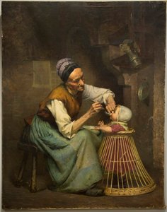 Una anciana alimenta a su nieta sostenida en un andador de mimbre, por Edouard Jerome Paupion de Edouard Jerome Paupion