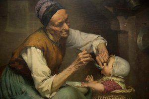 Una anciana alimenta a su nieta sostenida en un andador de mimbre, por Edouard Jerome Paupion de Edouard Jerome Paupion