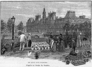 Escena parisina en el siglo XIX: vendedores de flores en el muelle de las flores de la Île de la Cité. Al fondo, el Ayuntamiento de París. Grabado de finales del siglo XIX después de un dibujo de Boudier en "Las capitales del mundo: París"