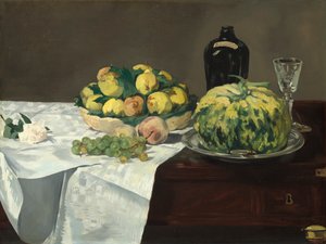 Naturaleza muerta con melón y duraznos