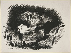 Bajo la lámpara, primera ilustración de la traducción de Mallarmé de «El cuervo» de Poe de Édouard Manet