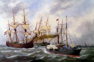 Dos remolcadores de tres mástiles por Le Neptune en Le Havre en 1882 de Edouard Marie Adam