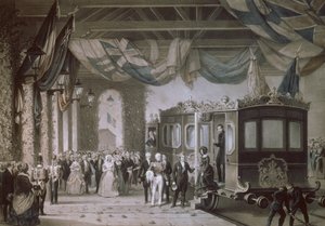 La Reina Victoria y el Príncipe Alberto llegando a la estación de Gosport, Hampshire, grabado por Bayot & Cuvilier, 1846