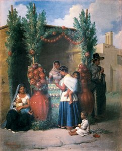 Escena cerca de un bar en una calle de México: una mujer está amamantando a su hijo, otra toma un trago y lleva a su hijo a la espalda, un niño juega en el suelo. Pintura de Edouard Pingret (1788-1875), mediados del siglo XIX. Ciudad de México. Banco Nacio de Edouard Pingret
