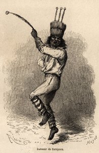 Una bailarina en Sarayacu (Perú), dibujo de Riou, para ilustrar el viaje de Paul Marcoy del Océano Pacífico al Océano Atlántico de 1848 a 1860. Grabado en "Le tour du monde", editado por Edouard Charton de Edouard Riou